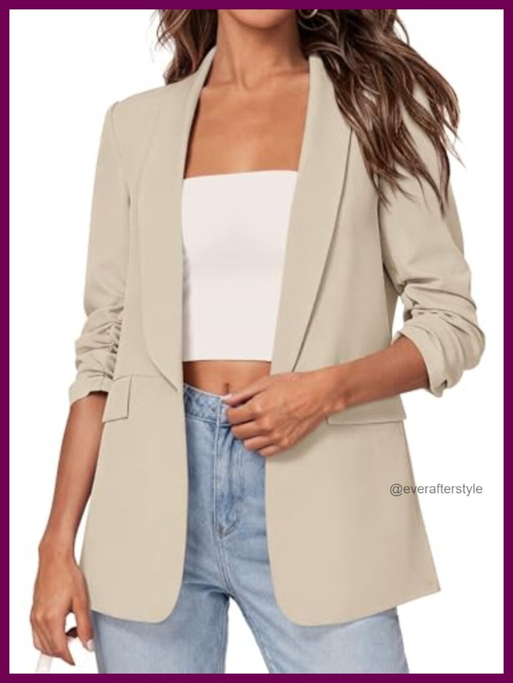Women's Open Front Blazer Ruched 3/4 Sleeve Business Casual Lightweight